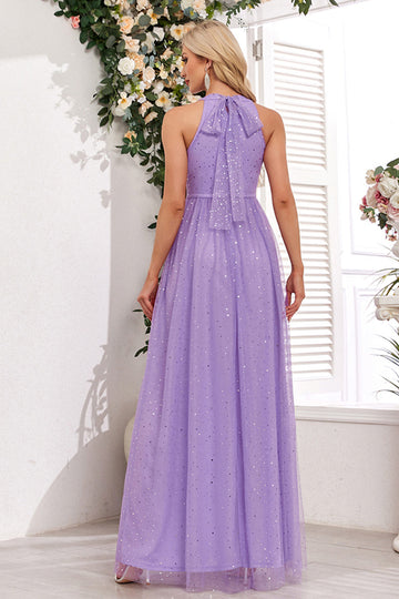 Vestido de fiesta largo halter púrpura brillante